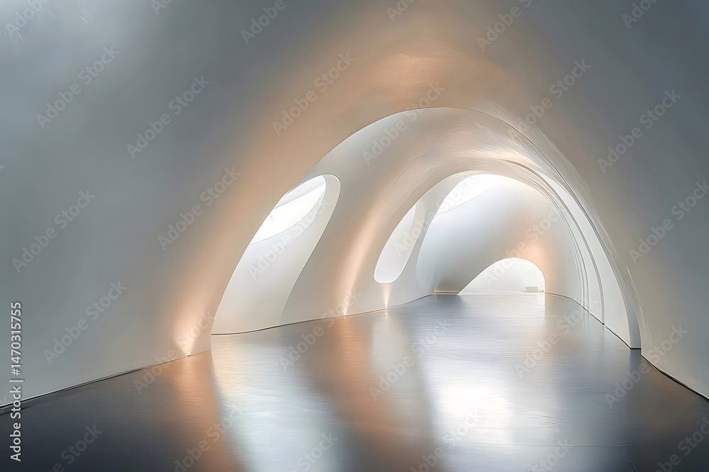 Aufkleber 抽象的な白いアーチ型の通路 現代的な建築デザインと暖かい照明が特徴のインテリア