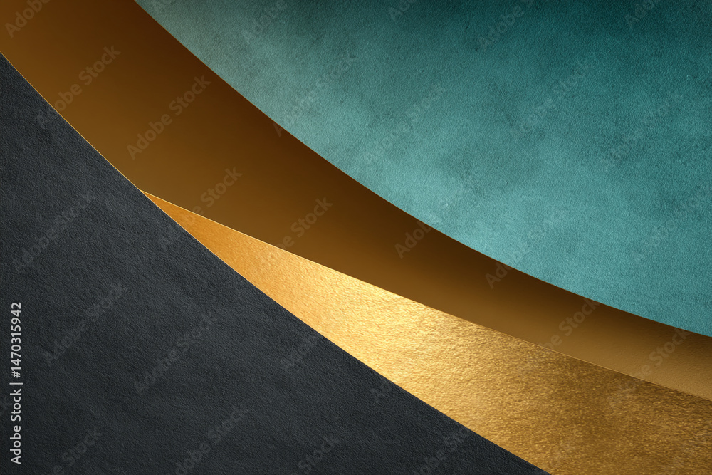 Poster Abstract image of teal, gold, and black textured surfaces arranged in overlapping layers, creating a modern and elegant design, ideal for background or presentation