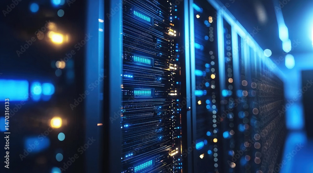 Poster futuristic data servers in a glowing blue-lit environment showing advanced network hardware, perfect