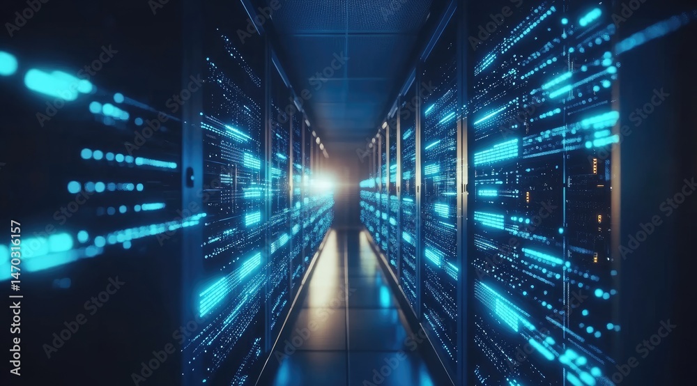 Aufkleber A digital corridor lined with high-speed glowing data servers, visualizing seamless connectivity and advanced IT operations, ideal for tech services promotion