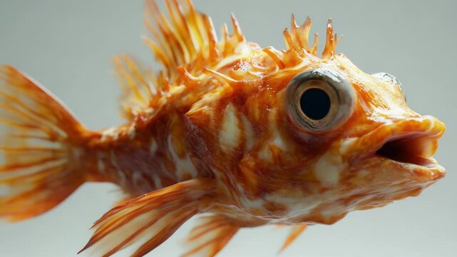 A close-up shot of a fish with its mouth open, ready to devour prey or eat food