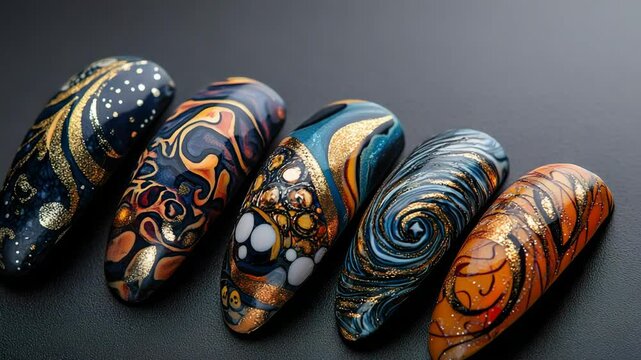 Four nail polishes with different designs on them