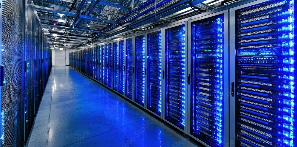 Poster blue-toned server room corridor with glowing racks representing high-performance data flow and enter