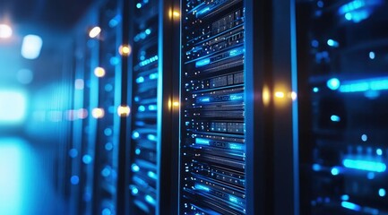 Symmetrical view of high-tech server racks in a blue-lit corridor representing precision, power, and digital efficiency, perfect for IT ads and network firms