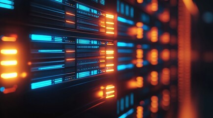 Naklejka premium Close-up of vibrant data servers with intense blue and orange lighting in a high-performance server room, great for cloud services and digital infrastructure ads