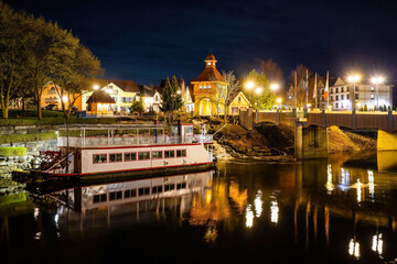 Bavarian Belle Riverboat and Frankenmuth City Center at Night