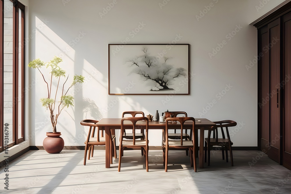 Poster 明るいダイニングルーム、木製の家具とアート作品、室内のデザイン、自然光が差し込む、木製テーブルと椅子セット、シンプルでエレガントな空間