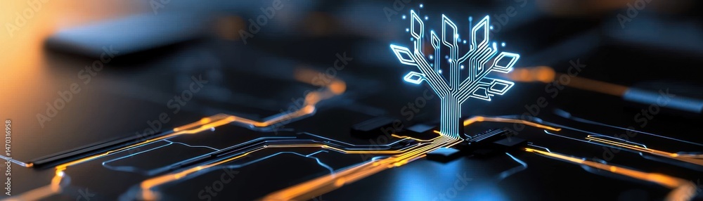 Poster A futuristic digital tree on a circuit board display