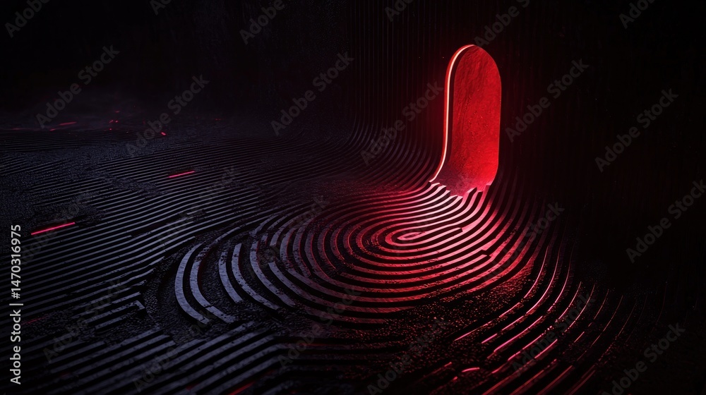Poster A red illuminated door within a large textured fingerprint design