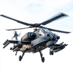 Attack Helicopter in Full Profile, Isolated on a White Background, Cut-Out, Representing Modern Military Aviation and Air Combat
