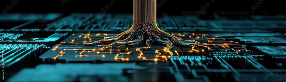 Poster computer circuit board illustrated with treelike root system above it