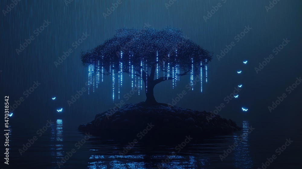 Poster A luminous tree surrounded by butterflies in a tranquil environment