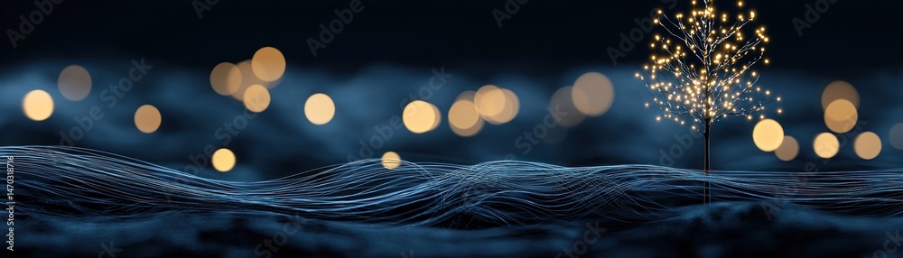 Poster A lit tree in front of a dark blue background with bokeh lights