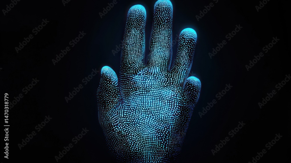 Poster digital hand created from glowing blue dots appearing on black background