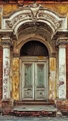 Aged weathered doorway with ornate archway.
