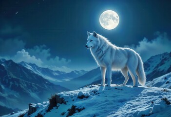 Majestic white wolf stands on snowy mountain under a glowing moonlit sky