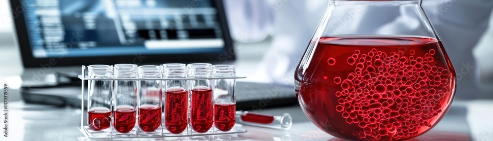 Poster a laboratory setting featuring liquid samples and scientific equipment