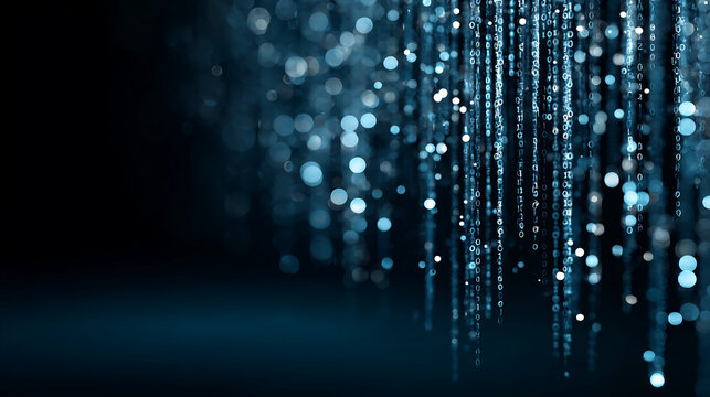Abstract blue bokeh background with binary code strings, suggesting digital flow, technology, and data streams, ideal for tech concepts