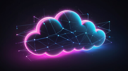 3D connected cloud network icon, digital and sleek design, abstract technology concept, illuminated with neon lights

