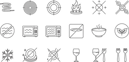 Cookware and tableware features. Non stick coating, food safe, eco, stackable and other editable stroke outline icons set isolated on white background flat vector illustration.
