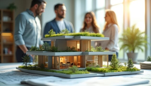 Team of architects review modern house model. Green roofs, energy-efficient tech, eco-friendly design concept with sustainable construction, urban planning. Residential building project, sustainable