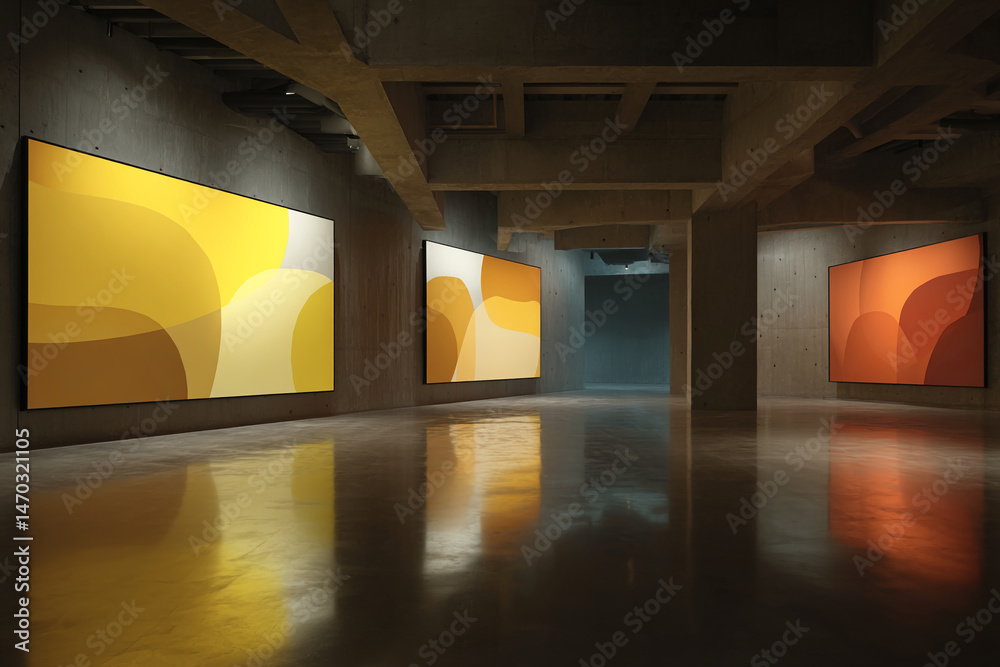 Poster Abstract art showcased in a modern gallery, featuring yellow and orange hues on large canvases, creating a minimalist yet impactful display, ideal for design or art-related concepts