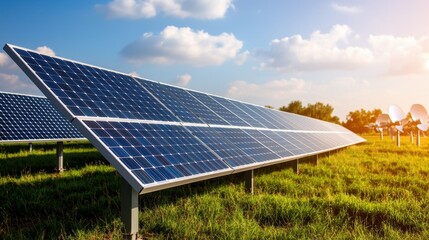 Energy Solar Tracking Concept, Solar Farm with Heliostat Mirrors Focusing Sunlight in a Vibrant Landscape under a Clear Blue Sky