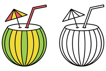 Two coconut drinks with straw and umbrella showcase color and line drawing style