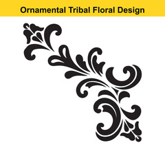 Ornamental Tribal Floral Corner Design &ndash; Black Silhouette Vector Art. tribal, floral, corner, ornamental, vector, silhouette, tattoo, design