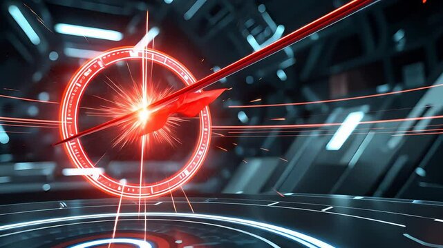 Futuristic red digital arrow hitting a glowing target inside a high-tech virtual environment with neon lights and holographic elements

 - Powered by Adobe