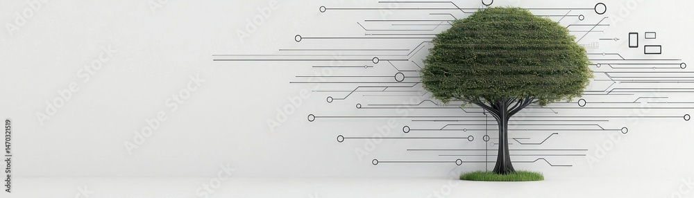 Poster a green tree merged with an abstract circuit board illustration