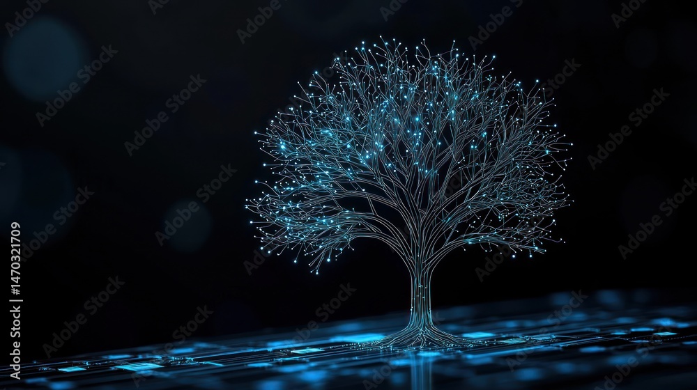 Poster Digital Tree With Glowing Dots Representing Technology Growth