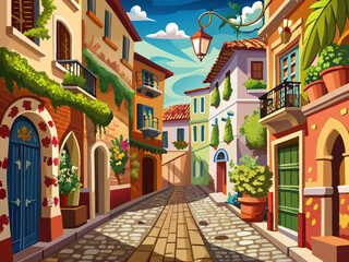 Naklejka premium vector of Old city, street, wall paper and wall painting. Wallpaper on the wall.