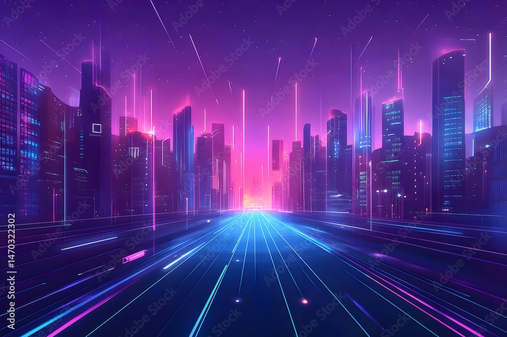 Poster ネオンライトが輝く未来的な都市の夜景 都市景観 テクノロジーの背景に紫と青の光が交差する抽象的なデザイン