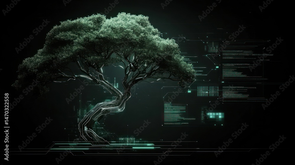 Poster a digital tree grows amongst data and technological information