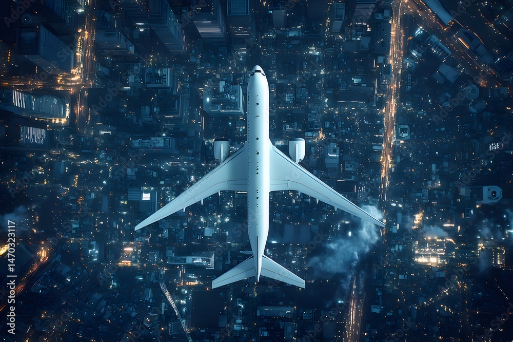 Aufkleber 夜の都市上空を飛ぶ白い旅客機 ライトアップされた街並みと航空機のシルエット 空撮による都市景観