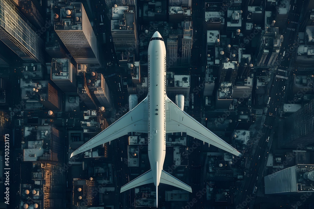 Poster マンハッタンの街並みを背景にした白い飛行機の航空写真 ライトアップされた高層ビルが特徴的な空撮の夜景