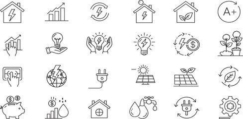 Energy saving and efficiency editable stroke outline icons set isolated on white background flat vector illustration.