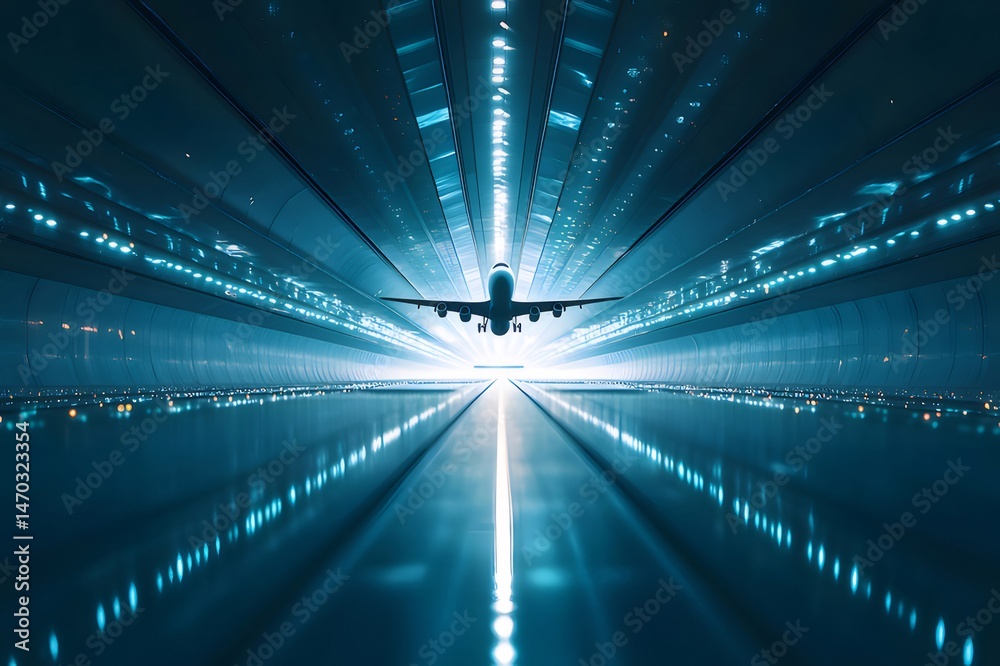 Poster 青い光に照らされた空港の滑走路を離陸する飛行機のシルエット 夜の都市景観を背景に、現代的な交通と航空輸送を示す写真