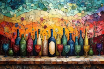 Fototapeta premium Colorful Celebration of Freedom During Passover Featuring Vibrant Bottles and Fruits in a Joyful Display