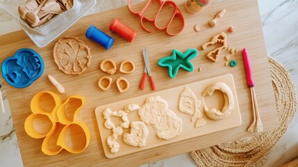 Colorful play dough and cookie cutters on a wooden table.  Various shapes and colors of play dough are arranged alongside cookie cutters of different designs.  Tools and materials for creative play