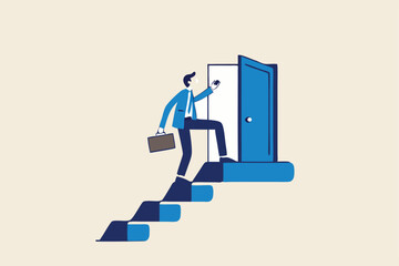 Open new opportunity door, career development or business decision for new challenge, success and achievement secret concept, businessman reaching top of stairway open bright light opportunity door.