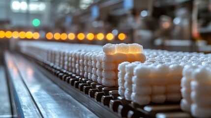 Fototapeta premium Close up view of confectionery production line displaying white sugar cubes on conveyor belt