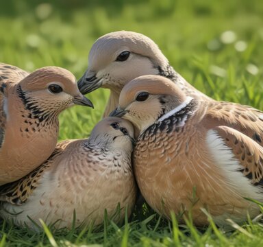 Close-up of two European turtle doves preening in green grass ,  nature,  spring