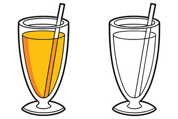 One glass holds orange liquid with straw and another glass remains blank