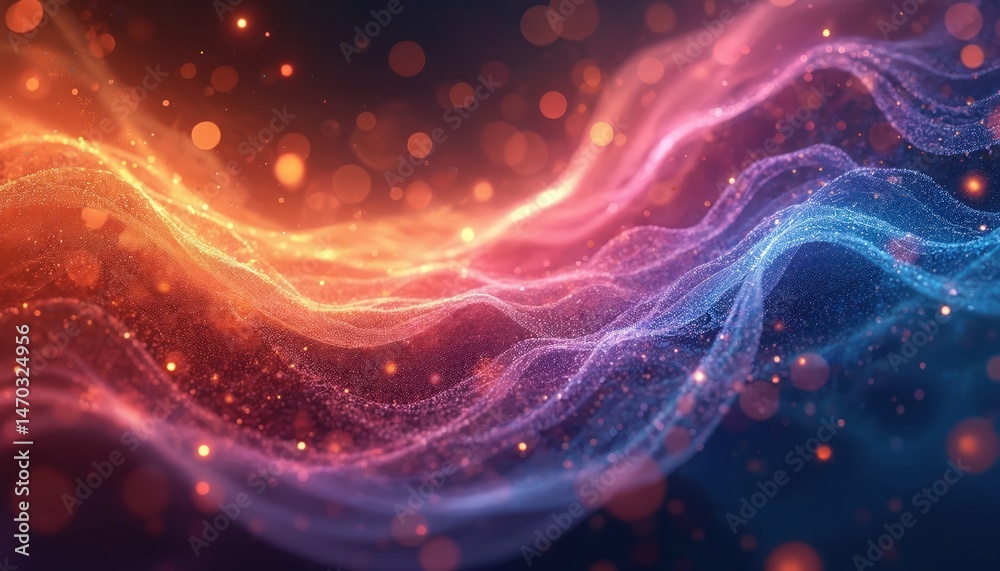 Fototapete illustration represents flowing data networks. abstract digital art with waves of light, dots. artif
