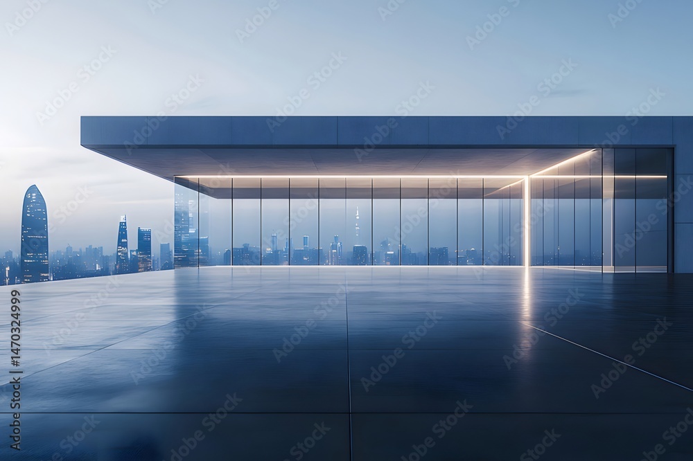 Poster モダンな建築のテラスからの都市景観 夜空と都会の光が反射するコンクリート建築