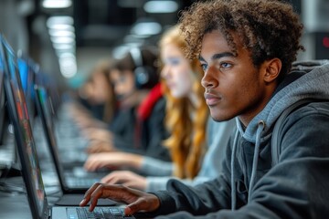 Students Engage in Collaborative Learning in a Tech Filled Computer Lab With Laptops Across a Bustling Workspace During Afternoon Hours