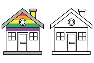 One small house shows pride flag colors next to a line art version