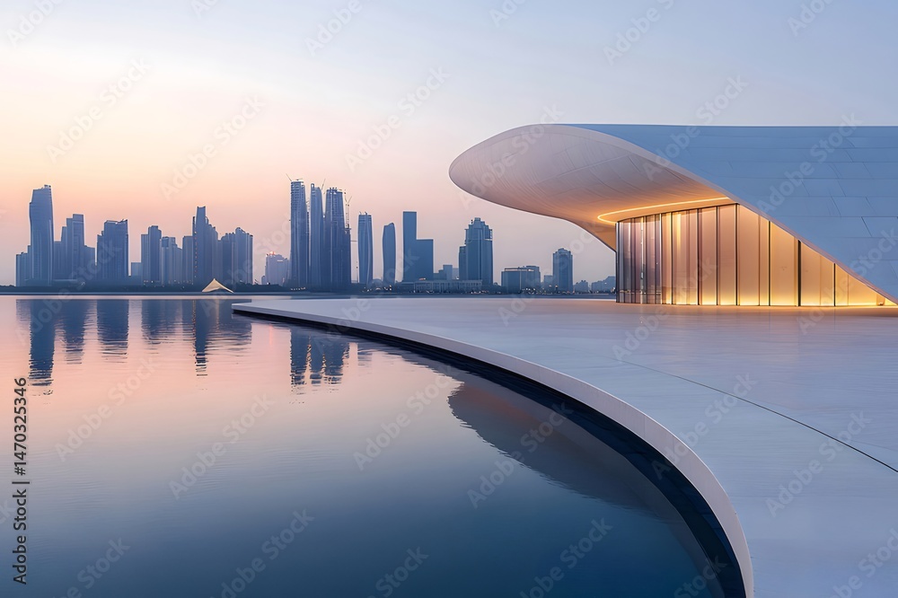 Poster 近代建築の夕暮れ時の眺め、水面に映る都市景観と空、ドバイの海岸線と湾岸の背景